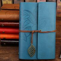 leaf Diary Kraft Journal Binder Spiral Note Book Paper Replaceable Vintage Notebook PU Leather Blue-Small 105x145mm