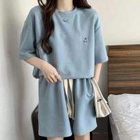 Women Pockets T-shirt Set Wide Leg Shorts Set Streetwear 2Pcs Set O-Neck Short Sleeve Casual Set 3XL mėlyna