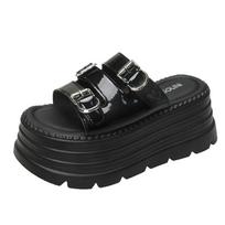 8cm Microfiber Synthetic Leather Flats Summer Outside Peep Toe Women Sandal Slippers Woman Pumps High Platform Wedge Shoes 34 juoda