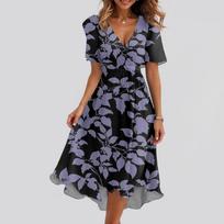Women's Loose Casual  V-Neck Flared Skirt Short Sleeved Printed Dress Printed Dress M