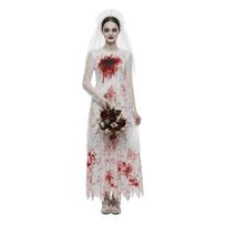 Adult Halloween Ghost Bride Costume Long Dress with Veil and Headpiece Bloody Wedding Cosplay Outfit for Party Performance M balta