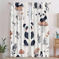 2Pcs Black White Panda Curta, Animal Design With Mushroom Printwindow Treatments Decorative Curta 53x116cm &2pc