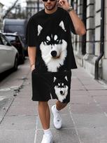 Men's 3D Black Husky Face Print Set: Short Sleeve T-Shirt & Shorts. Cool Animal Graphic Streetwear for Summer, Gym & Urban Outing S juoda