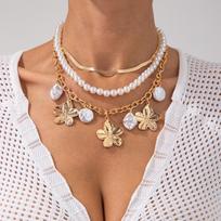 Multilayer Imitation Pearl Snake Chain Choker Flower Clavicle Chain Flower Pendant Necklace  Party auksas