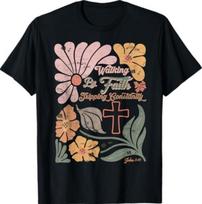 Boho Retro Christian Walking By Faith Tripping Constantly T-Shirt M