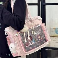 Kawaii Ita Bag Women Shoulder Bag Transparent Window Crossbody Bag Cute Japanese JK Tote Bag Large Capacity Anime Pin Display Handbag for Girls rožinė