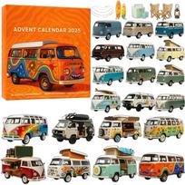Advent Calendar 2025 with 24 Compartments Featuring Diecast Miniature Classic Van Models and Accessories Set for Collectors Display and Gifting One Size