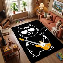 Cool Rock Cat Area Rug, Non-Slip Floor Mat with Black Cat & Yellow Guitar Print for Living Room Bedroom, Decorative Carpet for Music Lovers 40x60cm( 15x23in )