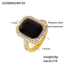 Rectangle Inlaid With Large Diamonds Ring Niche Light Luxury Titanium Steel Plated 18K Gold Court Style Ring No. 6