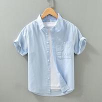 Small Fresh Short-sleeved Shirt Men's Summer Thin Breathable Fashion Trendy Solid Color New Casual L mėlyna