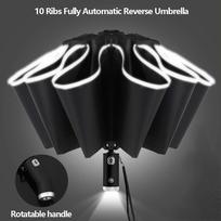 Visiškai automatinis atvirkštinis sulankstomas skėtis su LED žibintuvėliu 10 šonkaulių vėjui atsparūs šviesą atspindintys UV skėčiai, skirti saulės ar lietaus dienai LED-10Ribs-Black