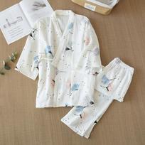 Spring Summer Updated Japanese Kimono Ladies Cotton Pajamas Two-piece Three-quarter Sleeve Trousers Comfortable Fit Home Service Collection Woman M