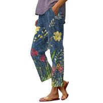Hawaii Capri Pants for Women Casual Tropical Floral Print Pants Elastic High Waist Drawstring Summer Beach Trousers L auksas
