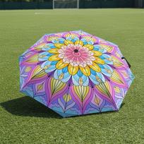 Automatic Folding Umbrella with Mandala Flower Pattern - Self-Opening/ Closing, 8-Rib Compact Portable Collapsible Design, Pin