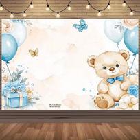 2D Watercolor Teddy Bear Backdrop, Blue Balloon Baby Shower Party Banner 47.2x31.5inch/120*80cm