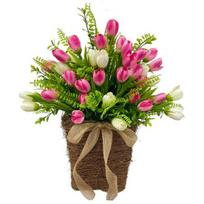 Artificial Tulip Door Hanger Basket Wreath for Front Door Spring Summer Hanging Floral Wreath with Woven Basket for Wall Window Holiday Decor 1pc