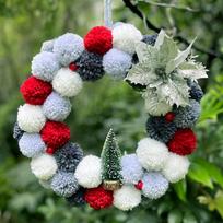 Elegant 30cm Grey Pom Pom Christmas Wreath Unique Handmade Door Hanging Decor