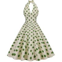 Women's Retro  High Waist Polka Dot Holiday Party Dress Neck Backless Sexy Midi Dress L žalia