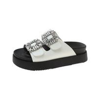2024 Rhinestone Shoes Womens High Heel Platform Sandals Double Buckle Strap Slippers Womens Leather Beach Fashion Black Slippers 35 smėlis