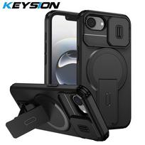 KEYSION Shockproof Armor Magnetic Case for iPhone 16e Silicone+PC Slide Camera Protect Kickstand Wireless Charging Phone Cover for iPhone 16e juoda