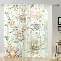 1Pc Sheer Curtain, Easter Bunnies, Eggs And Green Vines, Suitable For Bedroom And Living Room, Rod Pocket Style 39x51in(100x130cm)&Rod Pocket&1 panel