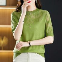 Women's Neck Mesh Lace Yoke Short Sleeve Loose Fit Casual Knit Top S žalia