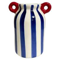 Ceramic Striped Flower Vase with Dual Handles, Hand Painted Small Decorative Vase for Flower, Pampas Grass, Wide Mouth Bud Vase for Living Room mėlyna