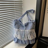 Check Pattern Tote Bag Lace Trim Street Daily Bag Multi-Way Shoulder Bag Large Capacity Large Capacity Handbag For Daily School 28.5x12x32.5 cm