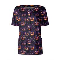 Halloween Pumpkin Print Tops for Women Uk, Short Sleeve Button Down Blouse, Casual Loose Fit Shirt for Autumn Party XXXL
