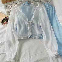 Women Summer Thin Casual Sun Protection Shirt Solid Color Lace Bow Cardigan M balta