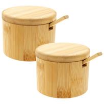 2Pcs Double-deck Bamboo Seasoning Jars Salt Pepper Condiment Storage Pot with Magnetic Lid Kitchen Spice Sugar Container Holder