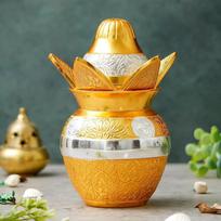 German Silver Premium Kalash with Coconut,Leaves and Royal Red Velvet Box for Pooja,Temple Use, Home Decor, Wedding Gift 500ml