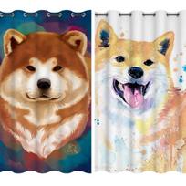 Cute Cartoon Shiba Inu Floor-to-ceiling Window Bay Window Curtains for Children's Bedroom Room High Blackout Curtain Punch Hook W55 X H120cm X 2&Grommet Top beige