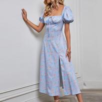 Women's Summer Fashion Solid Color High Waisted Bubble Sleeve Waist Dresses L mėlyna