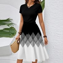 Women's Casual Fashion Belted Floral Print Short Sleeve Round Neck Elegant Dress XXL juoda