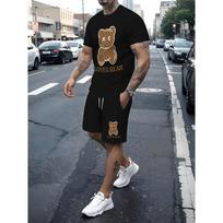 Summer Men's Fashion Bear Printed Soft and Breathable Round Neck T-shirt Shorts Set S