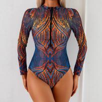 Women's Long Sleeve Zipper One-Piece Swimsuit - European & American Racing Surfwear Bikini Large brown