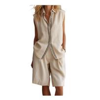 2 Piece Linen Sets for Women Sleeveless Button Down Tank Tops with Shorts Matching Set, Summer Casual Vacation Outfits XXL smėlis