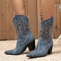 High-heeled Women Boot 2024classic Retro Embroidery Design Western Cowboy Boots Trendy Pointed Toe Casual Slip-on Mid-calf Boots 35 mėlyna