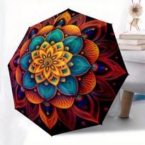 Vibrant Mandala Design Automatic Open/Close 3-Fold Compact Umbrella - Turquoise Blue, Orange, Yellow, Green, Purple, Red, Blac