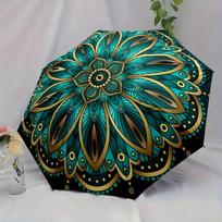 Automatic Open/Close Folding Umbrella with Mandala Design - Turquoise, Golden & Teal Patterns, Compact Travel Umbrella with St