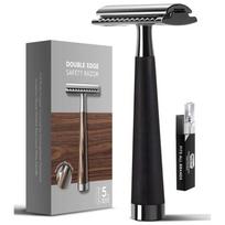 Double Edge Safety Razor, Faux Wood Zinc Alloy Handle Razor With 5 Stainless Steel Blades, Heavy Duty Eco-Friendly Razor as the picture