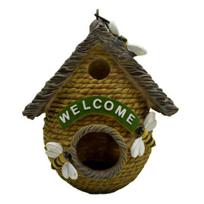 Beehive Bird House, Rustic Resin Beehive Birdhouse, Outdoor Hanging Bird House with Double Entrances for Garden Backyard Decor geltona