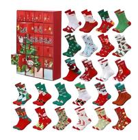 Advent Calendar Socks Set with 24 Pairs Holiday Theme Patterned Crew Socks for Adults and Teens Christmas Gift Box One Size raudona