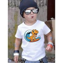 Boys Crew Neck Short Sleeve T-Shirt with Surfing Dinosaur Print 110 balta