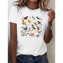 Women's Round Neck Short Sleeve T-Shirt Vibrant Bird Floral Print Casual Holiday Gift Nature Lover Top S balta