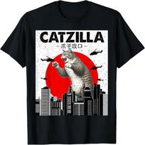 Catzilla Katė Japonijos Menas Juokingos Katės Dovanos Vyrams Moterims Vaikui Marškinėliai S juoda