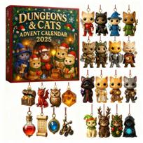 Dungeons & Cats Advent Calendar 2025 24 Days Surprise Ornaments with Fantasy Feline Theme Christmas Countdown Decor for Tree Fans 1 Set