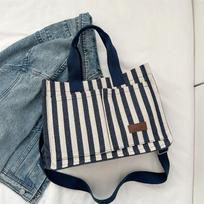 Striped Canvas Tote Bag for Women Large Capacity Bucket Shoulder Handbag Casual Street Style mėlyna