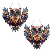 2Pcs Owl Pendant, Waterproof Acrylic Indoor Outdoor Decoration, 2D Printing Stained Glass Style Colorful Light Effect Owl Ornament with Lanyard 2pcs